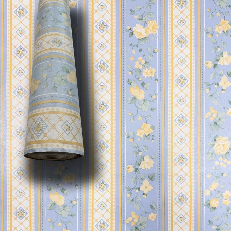 foto del prodotto eternal parquet super stock 0,56 al mq rotolo da 5,2mq 10x0,52mt di carta da parati vinilica top quality lavabile giallo e azzurro