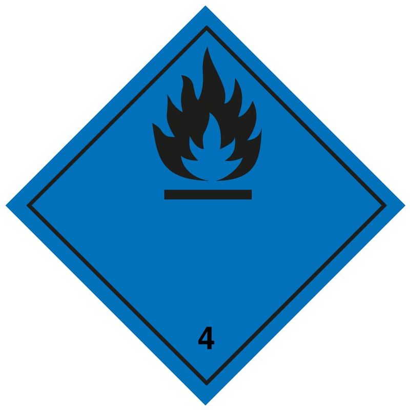 foto del prodotto etichetta a.d.r divisione 4.3 per materie che a contatto con l acqua sviluppano gas infiammabili. 300x300mm modello pvc adesivo