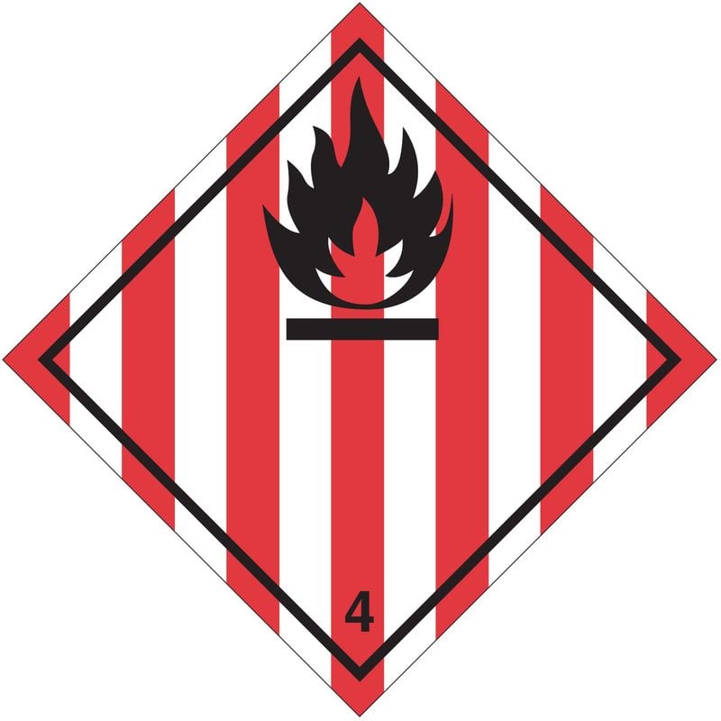foto del prodotto etichetta in pvc di classe 4 divisione 4.1 per solidi infiammabili, materie autoreattive e esplosivi solidi adr misura 100mm x 100mm, numero pezzi