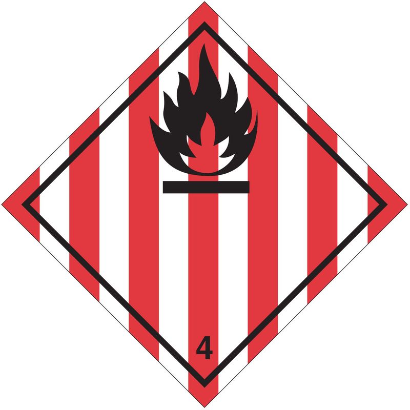 foto del prodotto etichetta in pvc di classe 4 divisione 4.1 per solidi infiammabili, materie autoreattive e esplosivi solidi adr misura 100mm x 100mm, numero pezzi