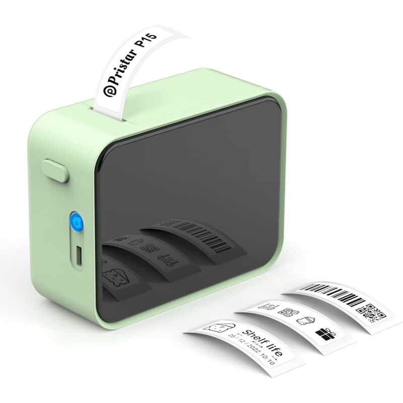 foto del prodotto etichettatrice bluetooth, mini stampante per etichette p15, connessione app, compatibile con ios e android per casa, ufficio, scuola verde 