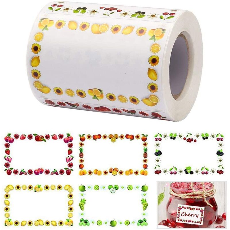 foto del prodotto etichette, 250 adesivi rotolo, motivo frutta, bordi colorati, adesivi per marcatura di classificazione, etichette autoadesive, adatte per barattoli