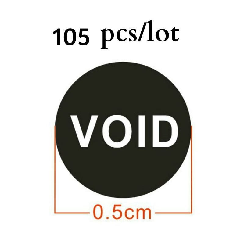 foto del prodotto etichette bollini adesivi neri antimanomissione con sigillo di garanzia e scritta void 105 pezzi