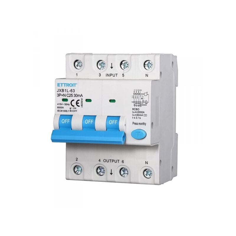 foto del prodotto ettroit interruttore magnetotermico differenziale 3p n 25a 6ka 30ma 380v occupa 4 moduli din