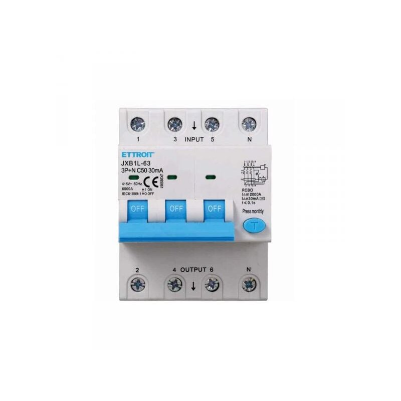 foto del prodotto ettroit interruttore magnetotermico differenziale 3p n 50a 6ka 30ma 380v occupa 4 moduli din