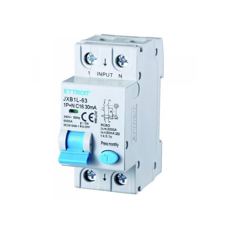 foto del prodotto ettroit interruttore magnetotermico differenziale salvavita per barra din 2 moduli 1p n 16a c16 240v 30ma 6ka classe a