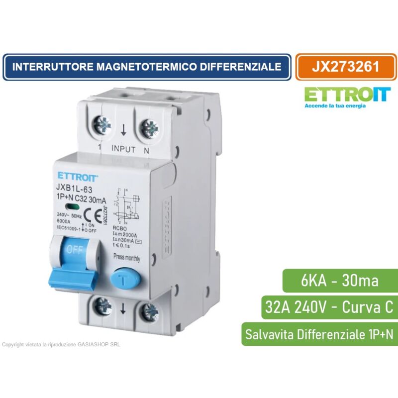 foto del prodotto ettroit interruttore magnetotermico differenziale salvavita per barra din 2 moduli 1p n 32a c32 240v 30ma 6ka