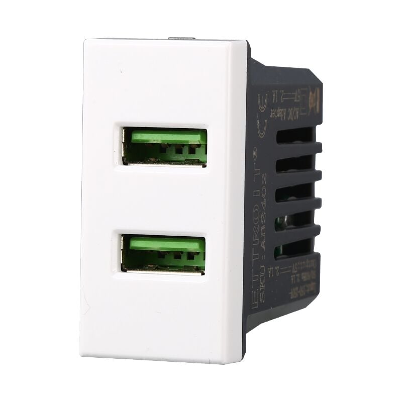 foto del prodotto ettroit modulo doppia presa usb 2.0 tipo a, 5vdc 2,1a, serie moon, bianco, compatibile con serie bticino axolute ab2402