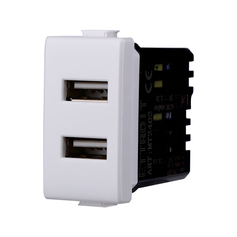 foto del prodotto ettroit modulo doppia presa usb 2.0 tipo a, 5vdc 2,1a, serie solar, bianco, compatibile con serie bticino matix mt2402