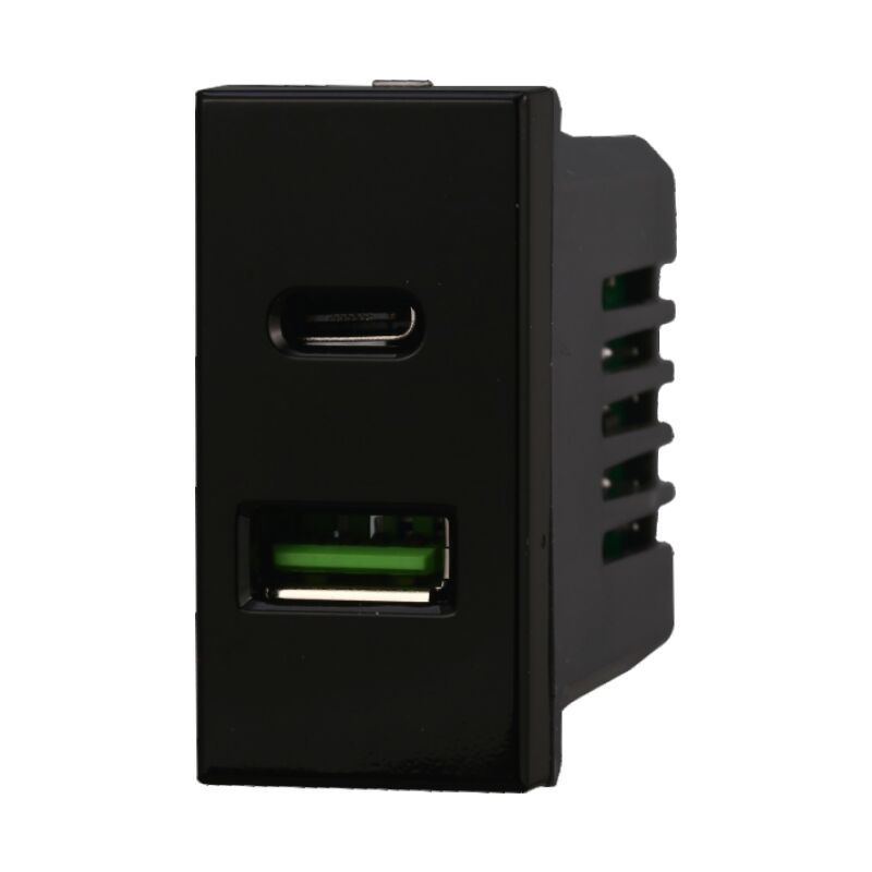 foto del prodotto ettroit modulo doppia presa usb 2.0 tipo a e usb 3.1 tipo c, 5vdc 3,1a, serie moon, nero, compatibile con serie bticino axolute an3002