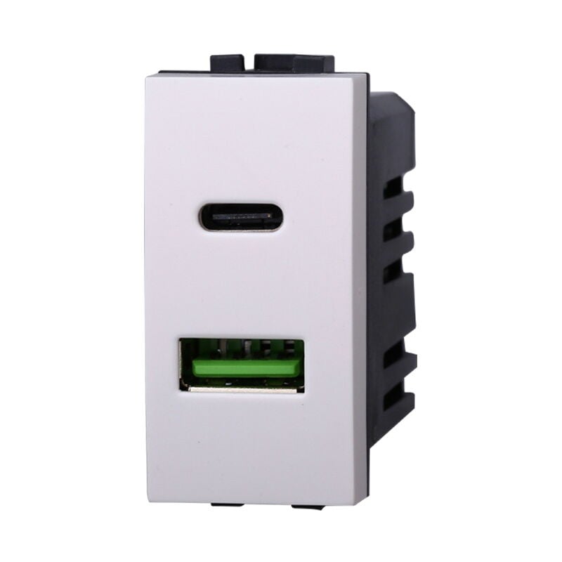 foto del prodotto ettroit modulo doppia presa usb 2.0 tipo a e usb 3.1 tipo c, 5vdc 3,1a, serie space, bianco, compatibile con serie bticino living lb3002