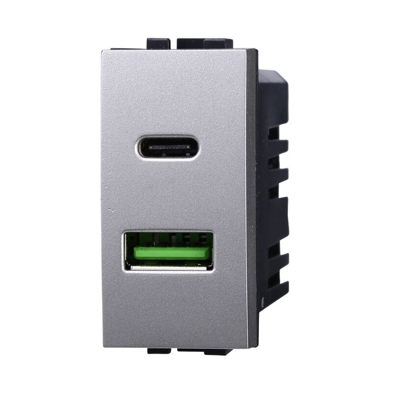 foto del prodotto ettroit modulo doppia presa usb 2.0 tipo a e usb 3.1 tipo c, 5vdc 3,1a, serie space, grigio, compatibile con serie bticino living lg3002