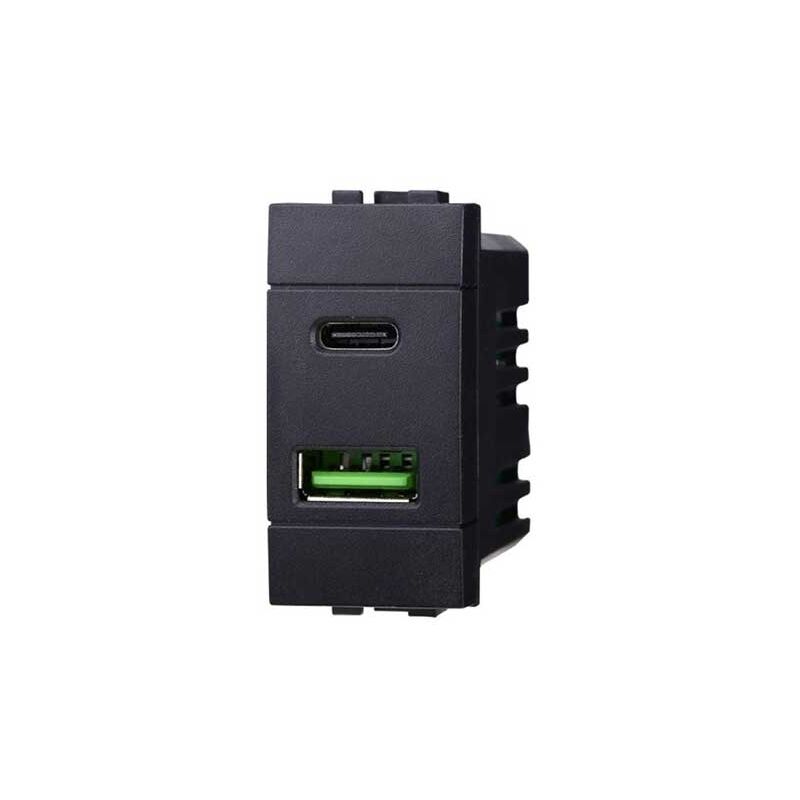 foto del prodotto ettroit modulo doppia presa usb 2.0 tipo a e usb 3.1 tipo c, 5vdc 3,1a, serie space, nero, compatibile con serie bticino living ln3002