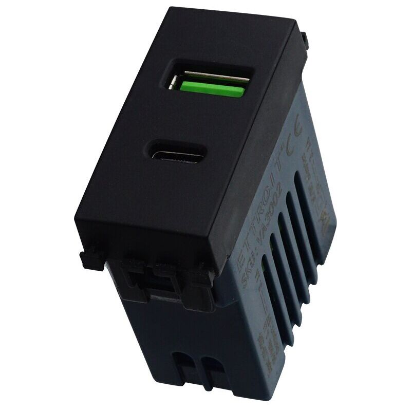 foto del prodotto ettroit modulo doppia presa usb 2.0 tipo a e usb 3.1 tipo c, 5vdc 3,1a, serie venus, nero, compatibile con serie vimar ark va3002