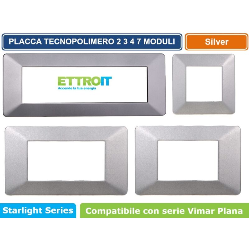foto del prodotto ettroit - placca in tecnopolimero colore silver compatibile con serie vimar plana 2 - 3 - 4 - 7 moduli ev83 - numero moduli 4 moduli