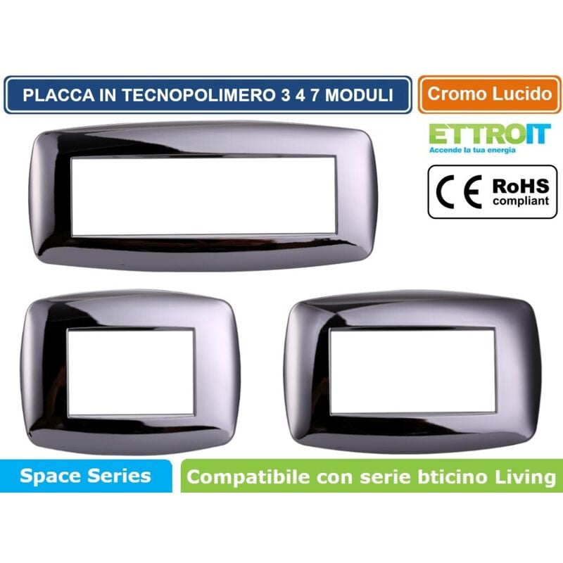 foto del prodotto ettroit - placca in tecnopolimero slim colore cromo lucido compatibile con serie bticino living 3 - 4 - 7 moduli ln87 - numero moduli 7 moduli