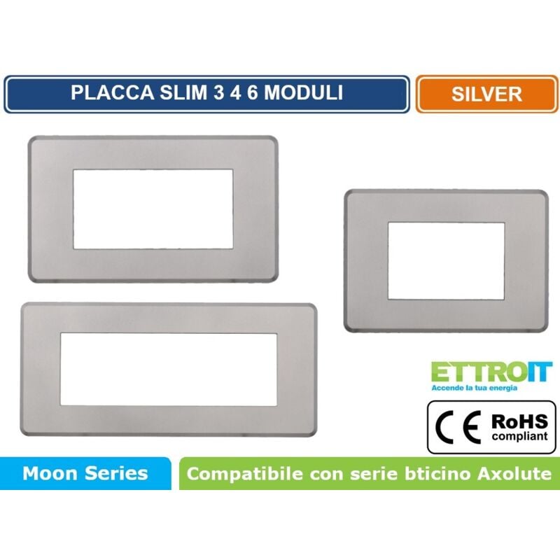 foto del prodotto ettroit - placca in tecnopolimero slim colore silver compatibile con serie bticino axolute 3 - 4 - 6 moduli an87 - numero moduli 4 moduli