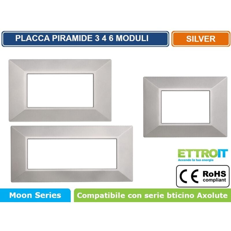 foto del prodotto ettroit - placca piramide colore silver compatibile con serie bticino axolute 3 - 4 - 6 moduli an90 - numero moduli 4 moduli