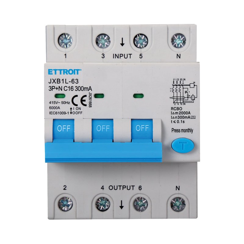 foto del prodotto ettroit rcbo interruttore magnetotermico differenziale tipo a curva c 3p n 4m 6000a 300ma c16a ac 400v ip20 iec61009 1