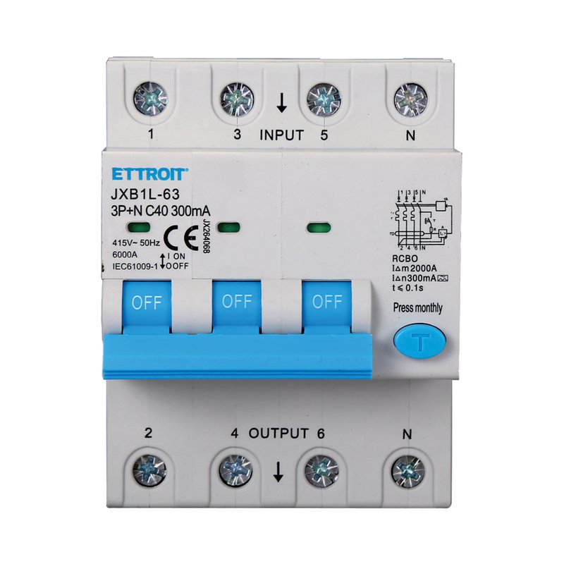 foto del prodotto ettroit rcbo interruttore magnetotermico differenziale tipo a curva c 3p n 4m 6000a 300ma c40a ac 400v ip20 iec61009 1
