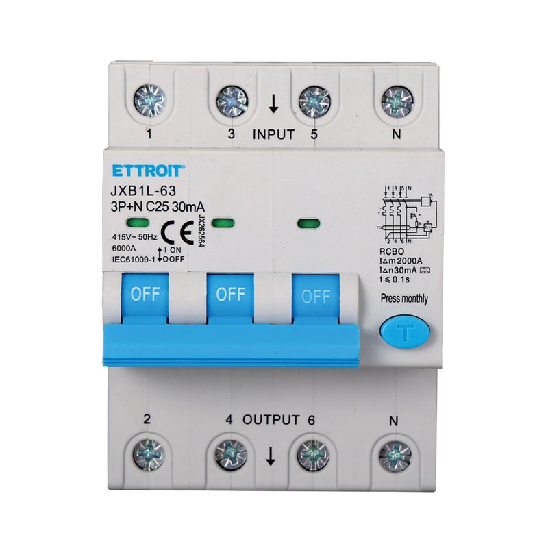 immagine 0 del prodotto ettroit rcbo interruttore magnetotermico differenziale tipo a curva c 3p n 4m 6000a 30ma c25a ac 400v ip20 iec61009 1