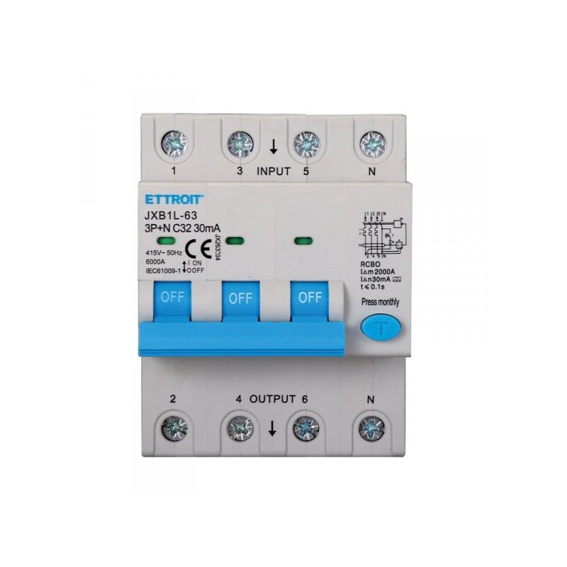 foto del prodotto ettroit rcbo interruttore magnetotermico differenziale tipo a curva c 3p n 4m 6000a 30ma c32a ac 400v ip20 iec61009 1