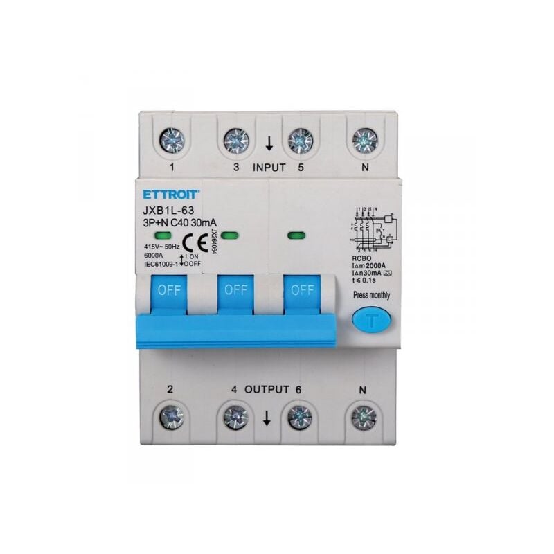 foto del prodotto ettroit rcbo interruttore magnetotermico differenziale tipo a curva c 3p n 4m 6000a 30ma c40a ac 400v ip20 iec61009 1