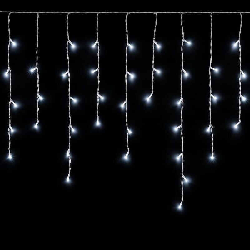 foto del prodotto ettroit tenda luminosa 120 led, 3mt, luce bianca, cavo bianco, ip65, prolungabile, effetto flash , con fili pendenti a lunghezze alternate