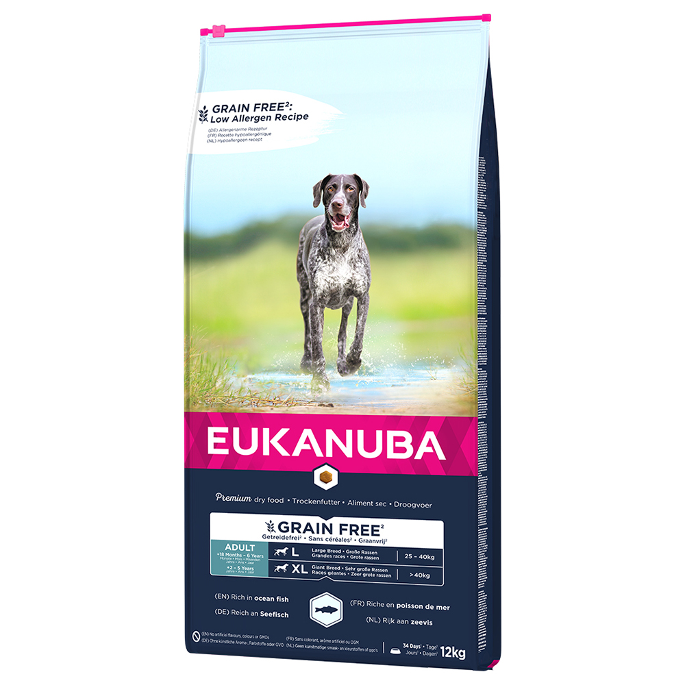 foto del prodotto eukanuba grain free adult large breed con salmone crocchette per cani 12 kg