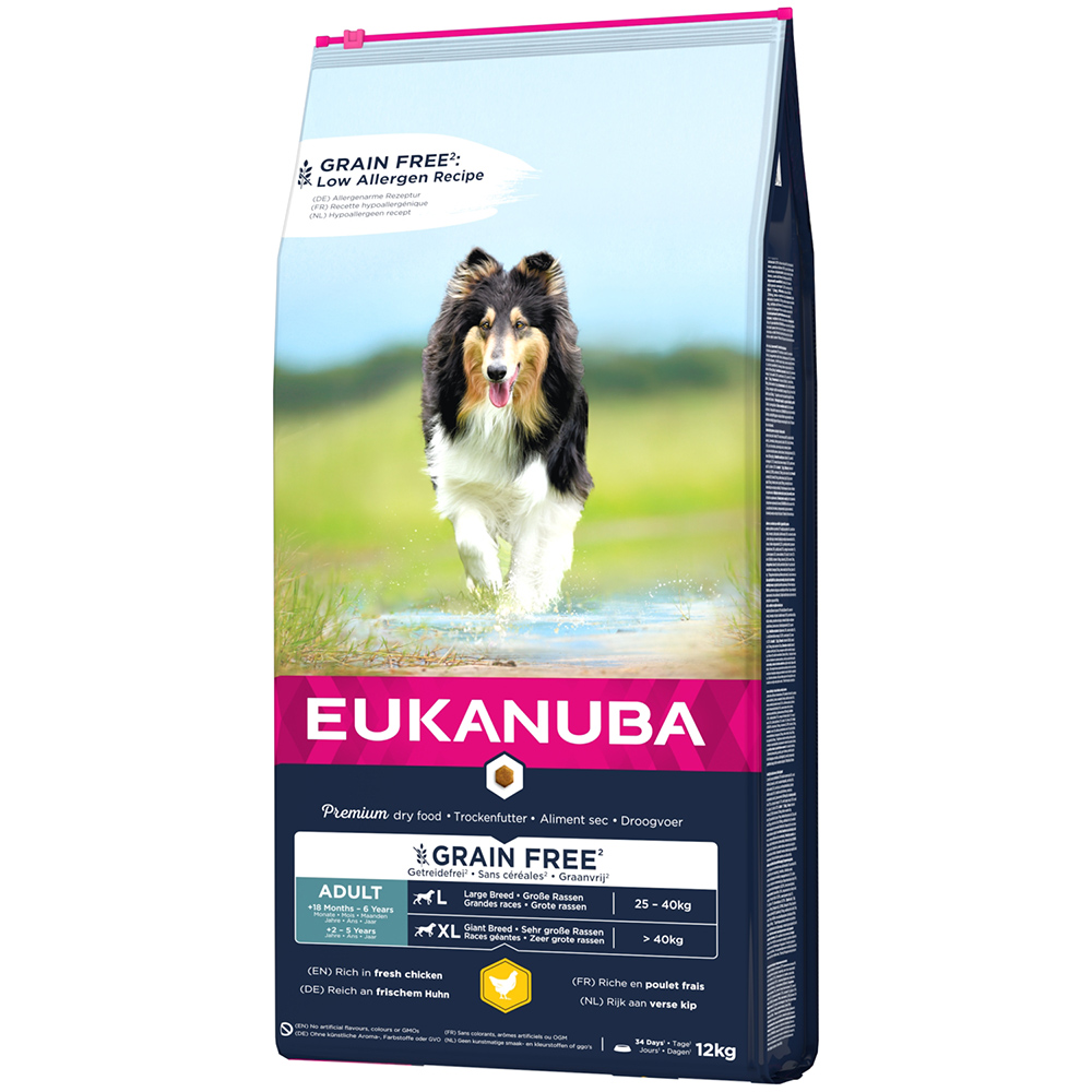 foto del prodotto eukanuba grain free adult large breed pollo crocchette per cani 12 kg