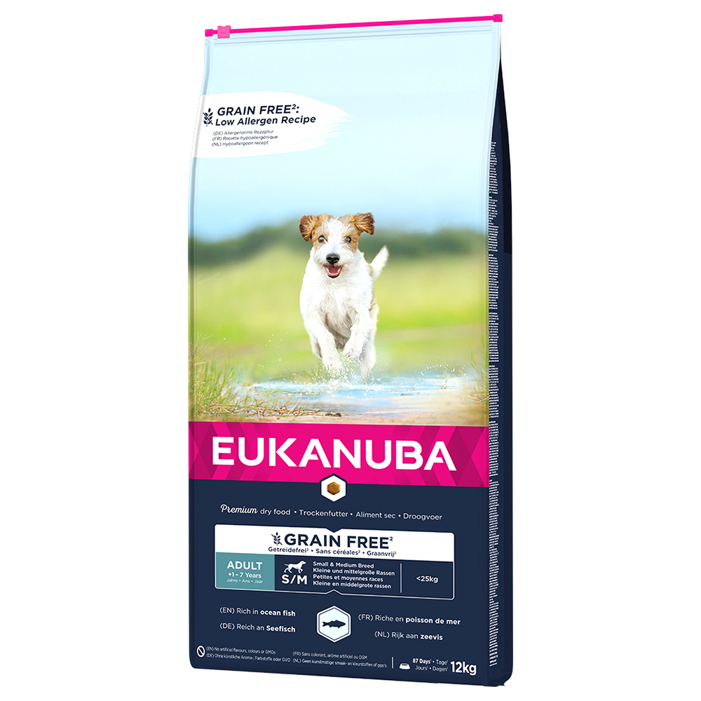 foto del prodotto eukanuba grain free adult small medium breed con salmone crocchette per cani 12 kg
