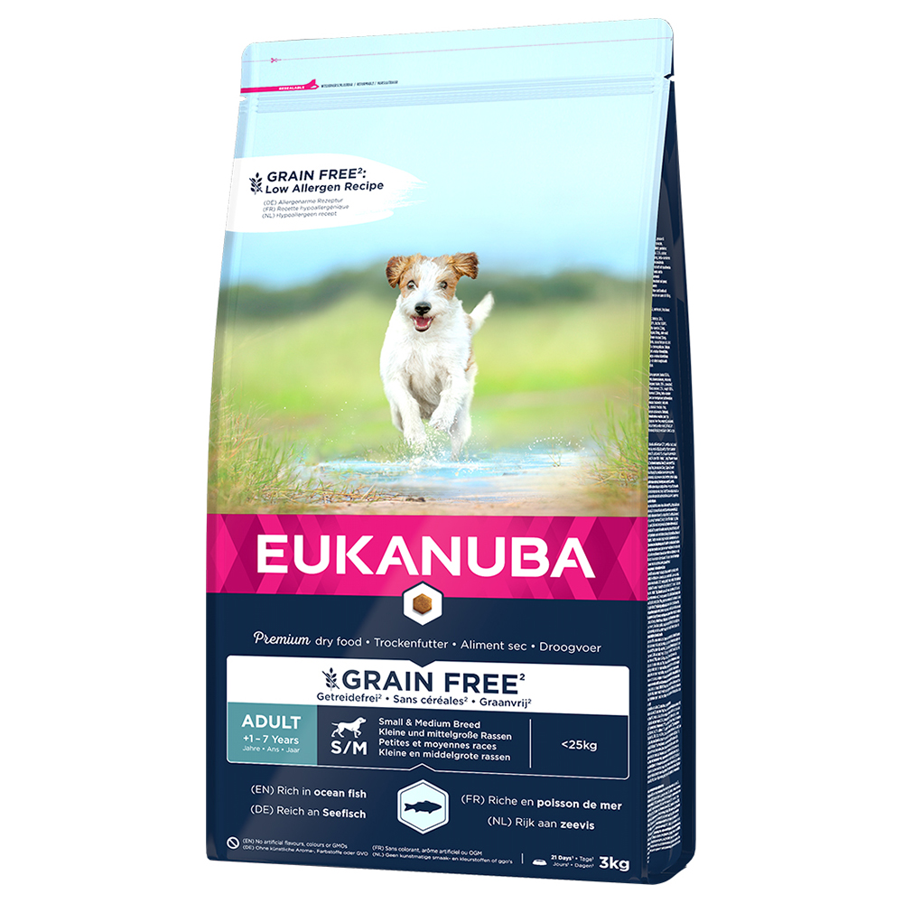 foto del prodotto eukanuba grain free adult small medium breed con salmone crocchette per cani 3 kg