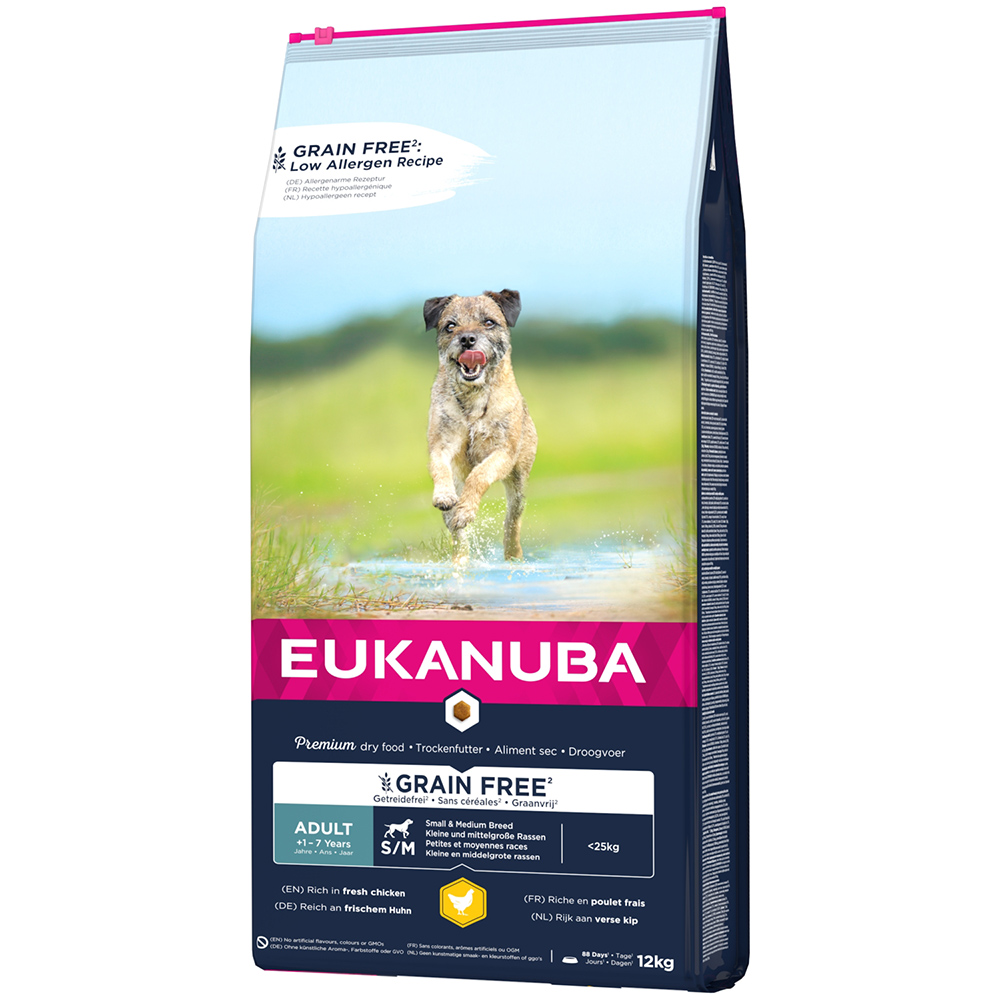 foto del prodotto eukanuba grain free adult small medium breed pollo crocchette per cani 12 kg