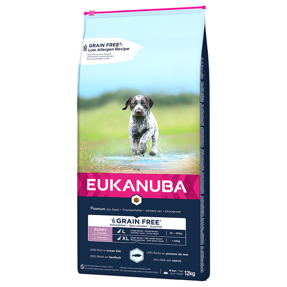 foto del prodotto eukanuba grain free puppy large breed con salmone crocchette per cani - set 2 x 12 kg