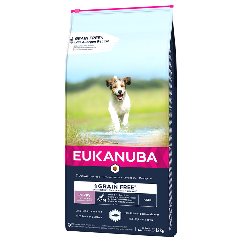 foto del prodotto eukanuba grain free puppy small medium breed con salmone crocchette per cani 12 kg