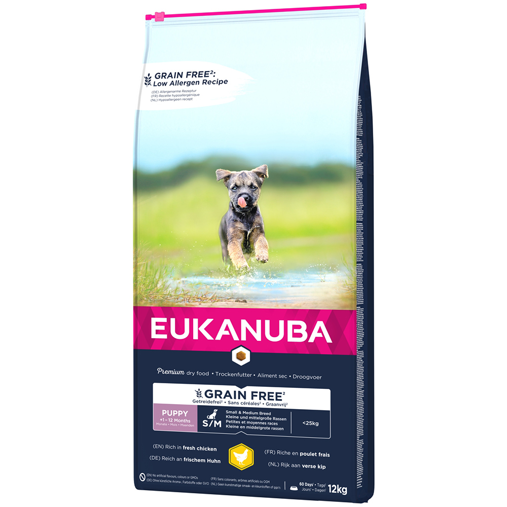 foto del prodotto eukanuba grain free puppy small medium breed pollo crocchette per cani 12 kg