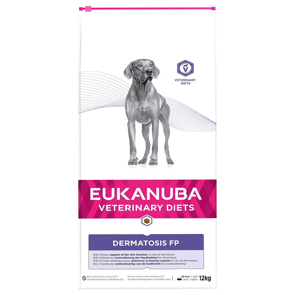 foto del prodotto eukanuba veterinary diets dermatosis fp crocchette per cani 12 kg