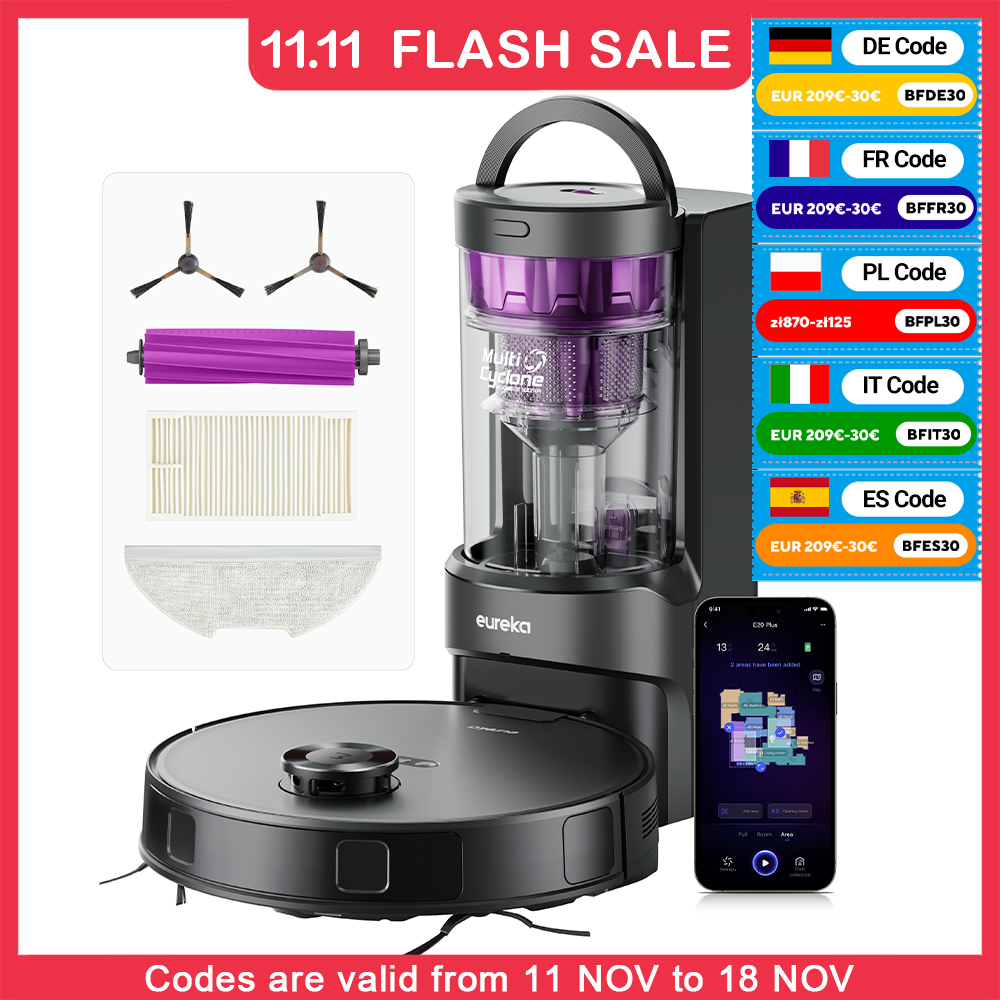 foto del prodotto eureka e20 robot aspirapolvere autosvuotante 8000 pa, durata della batteria di 180 minuti, per evitare ostacoli 3d duodetect ai