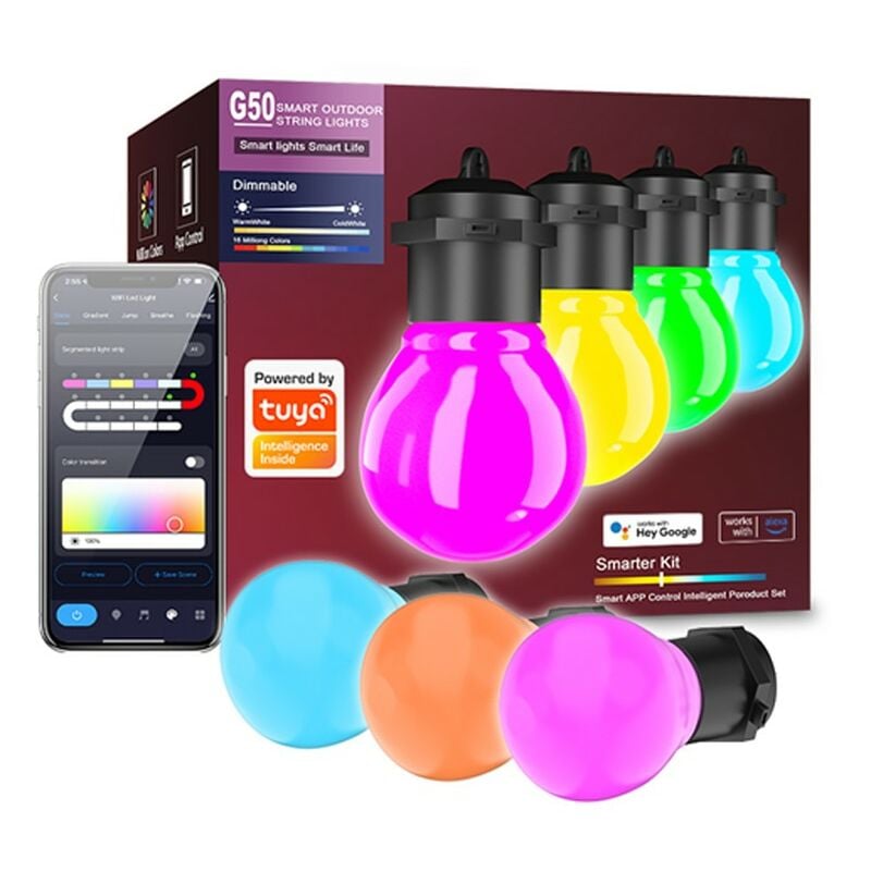 foto del prodotto eurolite tuya catena di lampadine g50 smart wifi rgbic da esterno 8 metri