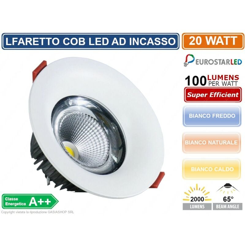 foto del prodotto eurostarled faretto lampada proiettore led cob da incasso rotondo colore bianco 20w ip20 colore luce bianco freddo