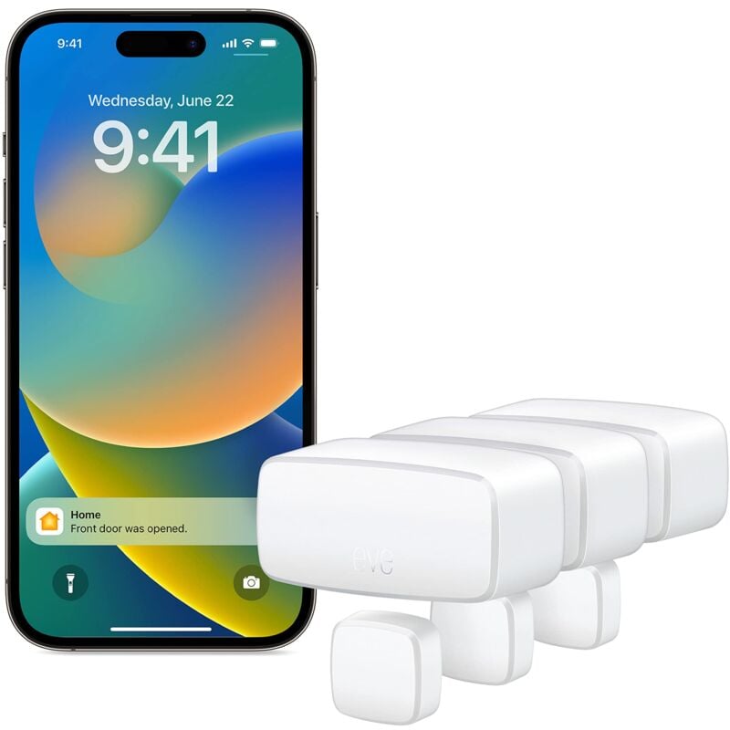 foto del prodotto eve door window matter 3 pezzi sensore intelligente di contatto, sicurezza domestica, compatibile con apple home, alexa, google home,