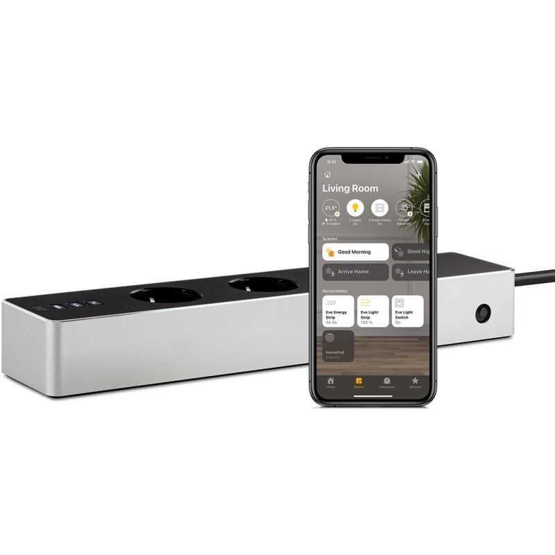 foto del prodotto eve energy strip presa tripla intelligente e misuratore di energia con protezione da sovratensione e sovracorrente e tecnologia apple homekit