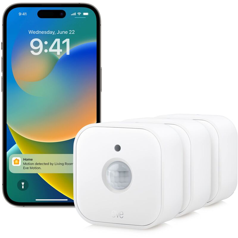 foto del prodotto eve motion matter set di 3 sensore intelligente di movimento e luce, per interni ed esterni, compatibile con apple homekit, alexa, google home,