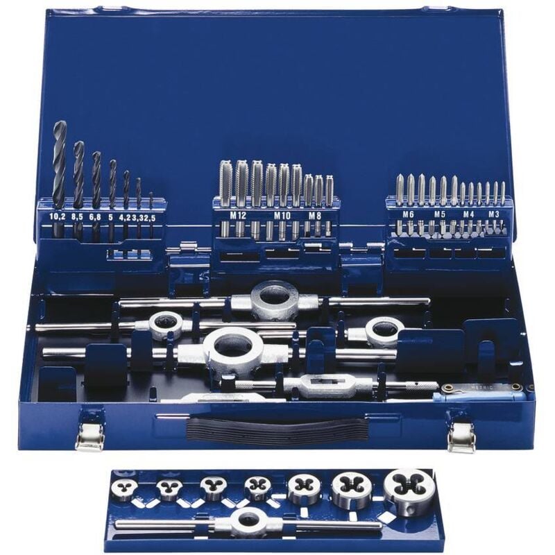 foto del prodotto eventus by exact 10722 kit maschi e filiere 43 parti hss metrica m3, m4, m5, m6, m8, m10, m12