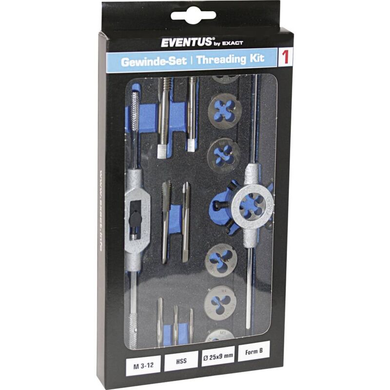 foto del prodotto eventus by exact 70607 kit maschi e filiere 16 parti hss metrica m3, m4, m5, m6, m8, m10, m12
