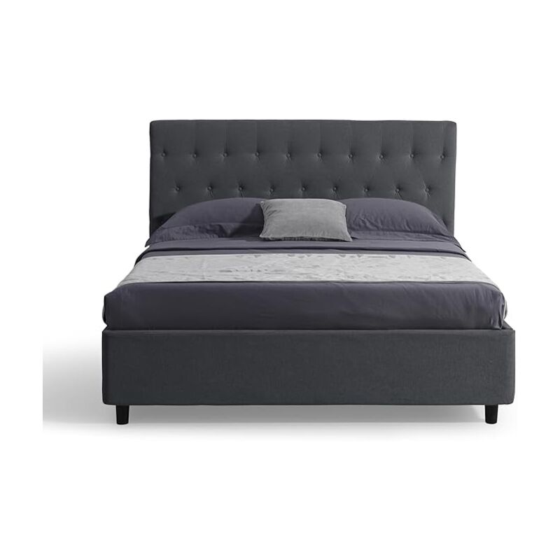 foto del prodotto evergreenweb letto matrimoniale con contenitore, testiera in tessuto grigio scuro imbottita, rete a doghe in legno 160x190cm venezia