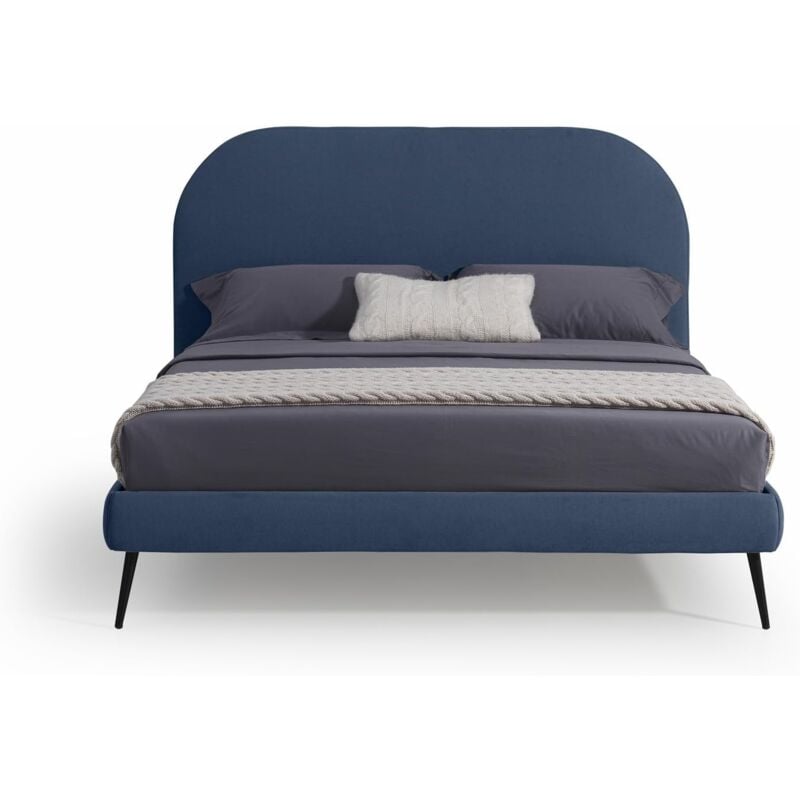 foto del prodotto evergreenweb letto matrimoniale con rete a doghe in legno 160x190 cm inclusa, testiera stondata in tessuto blu imbottita, sidney