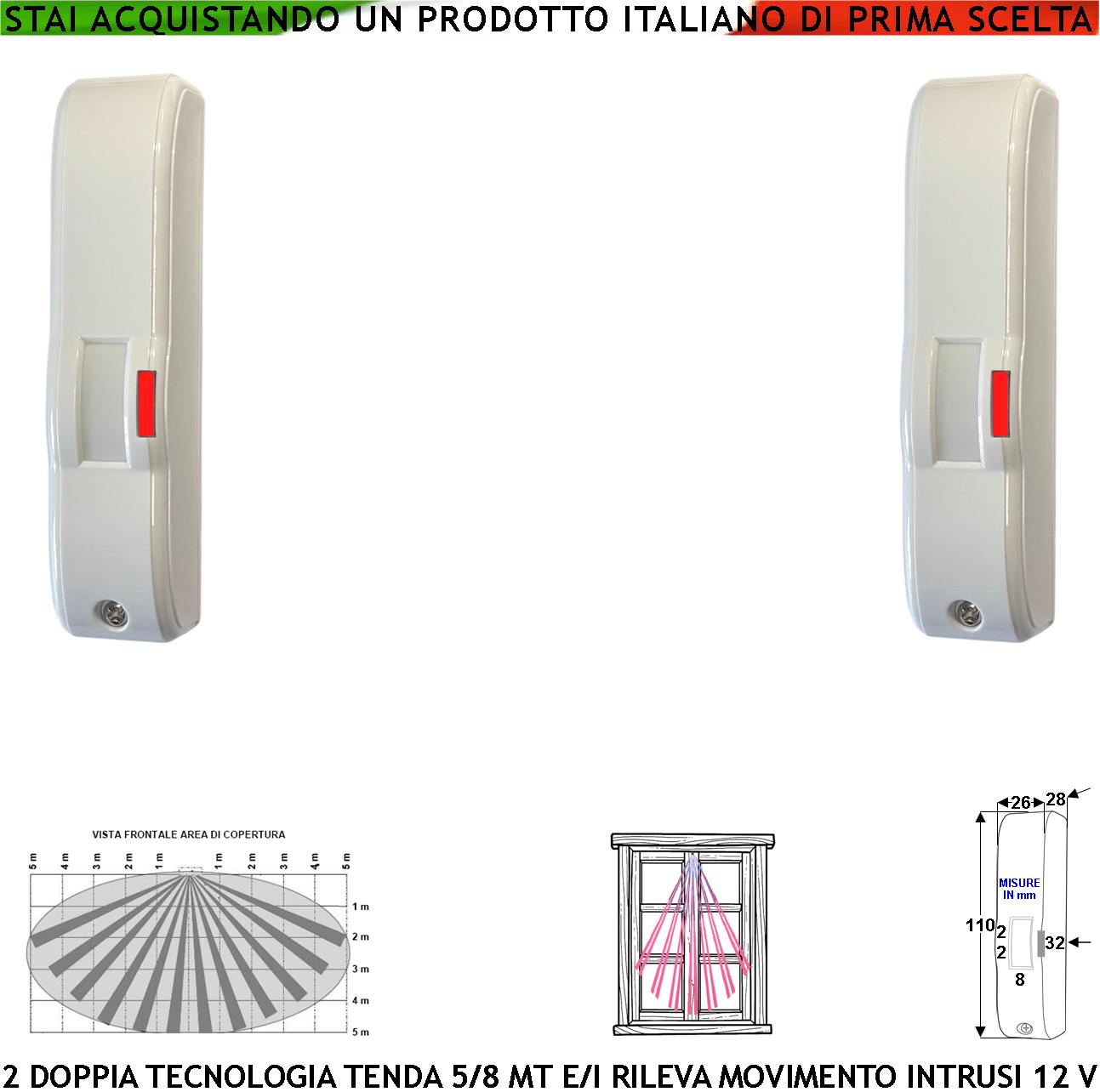 foto del prodotto evita furto doppia tecnologia tenda 2 pezzi infrarosso e microonda portata 5 mt vano finestra interno corridoio scala rileva intrusi ladri invia allarme alim. 12 v assorb. 10 ma cover bianca abs ip44