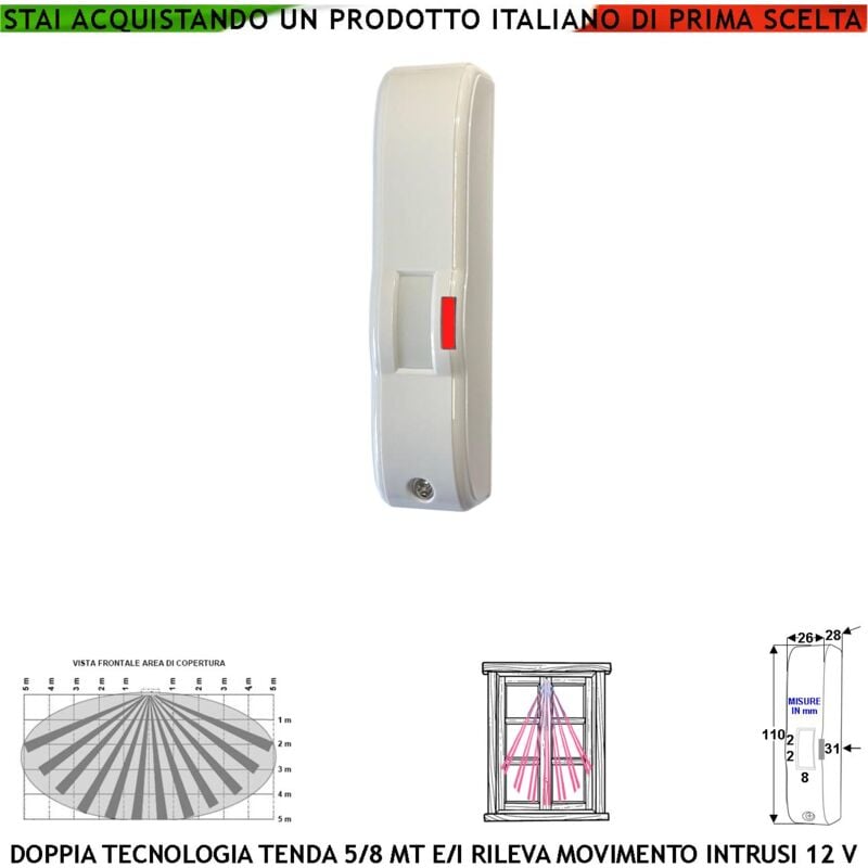 foto del prodotto evita furto doppia tecnologia tenda infrarosso e microonda portata 5 mt esterno vano finestra interno corridoio scala rileva intrusi ladri invia