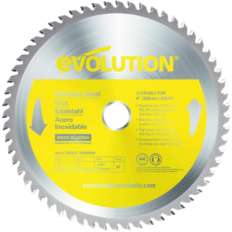 foto del prodotto evolution power tools 230tct 60cs lama per sega circolare aka chop saw blade per il taglio di acciaio inossidabile, lama per sega in metallo con